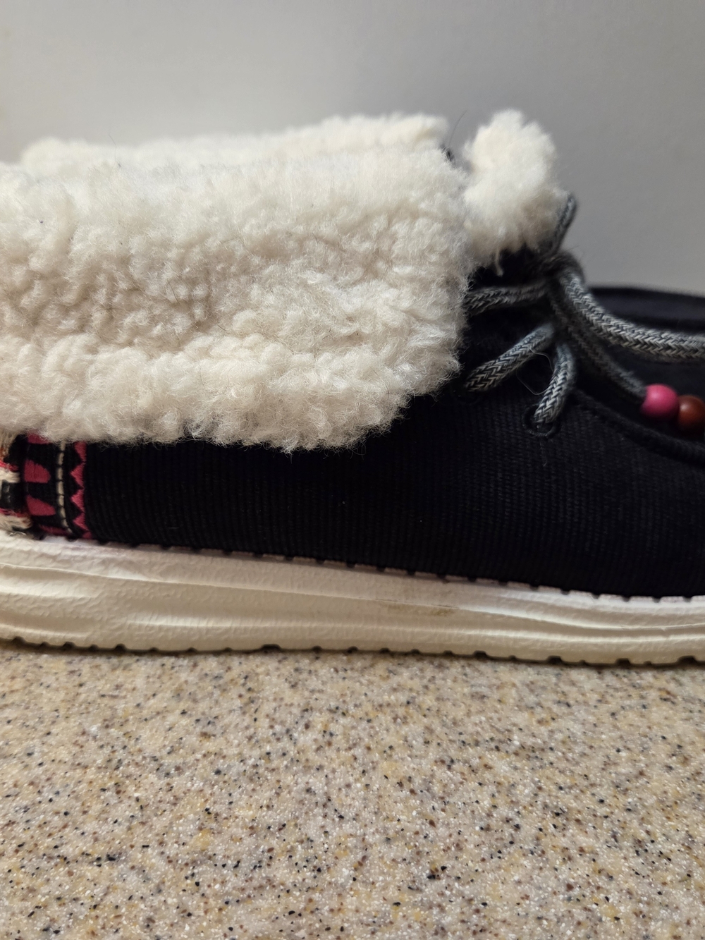 Hey Dude Black Corduroy Slip-On Loafer with Cream Faux-Sherpa Collar